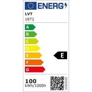 Energetska naljepnica s oznakom "E" za učinkovitost, prikazujući potrošnju energije od 100 kWh na 1000 sati, s ocjenama učinkovitosti u rasponu od A do G, u bojama od zelene do crvene.