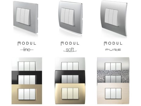 Prikaz tri različita stila modularnih prekidačkih panela s oznakama "Modul Line," "Modul Soft" i "Modul Pure." Svaki stil ima različite teksture i boje okvira, poput metalik, sjajne crne, zlatne i uzorka, naglašavajući svestranost dizajna.